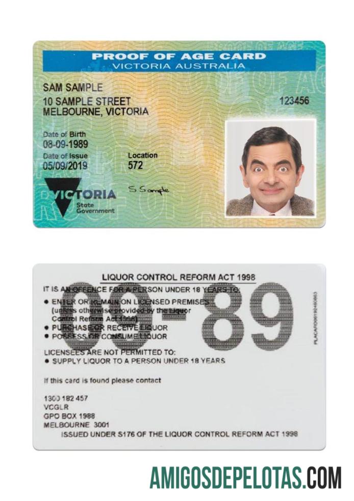 Cartão de comprovante de idade Victoria da Austrália exemplo real